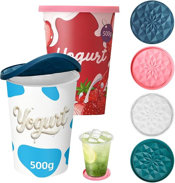 Yoghurt Pot Lids ONLY Fit 9.5cm Diameter Pots Reusable Silicone Large Tops, for 9.5cm Yogurt, Cream Pots (Multicolor, 4)