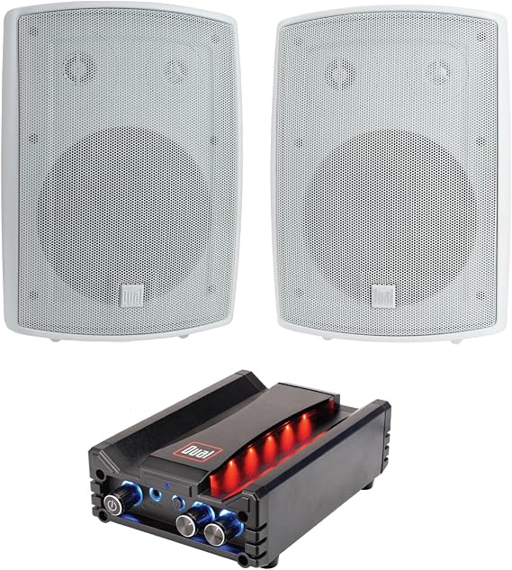 Dual Electronics LU63PW White 3-Way High Performance Outdoor Indoor Speakers DBTMA100 Black Micro Wireless Bluetooth 2 Channel Stereo Class-D Amplifier