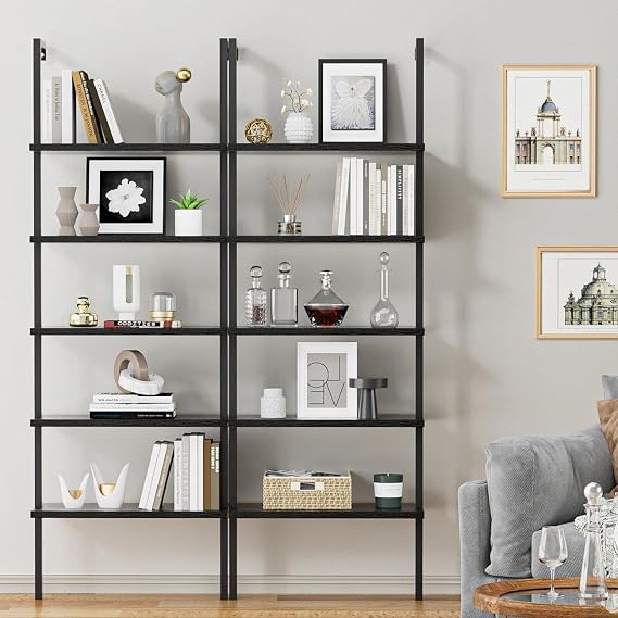 Shahoo Ladder Shelf, 5-Tier Bookshelf with Metal Frame, Open Display Organizer Rack, Wood Wall Mounted, Storage Shelves for Living Room, Hallway, Office, Black(2 Pieces)