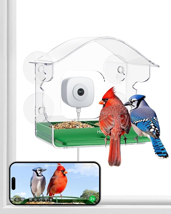 Smart Bird Feeder 2K HD 3MP Window Glass Camera Close-up, 2.4G &5Ghz WiFi Auto AI Birds Capture 24/7 Events Recording, Suction Cups Birdhouse with Anti-Glare- Reflection for Kids Elder