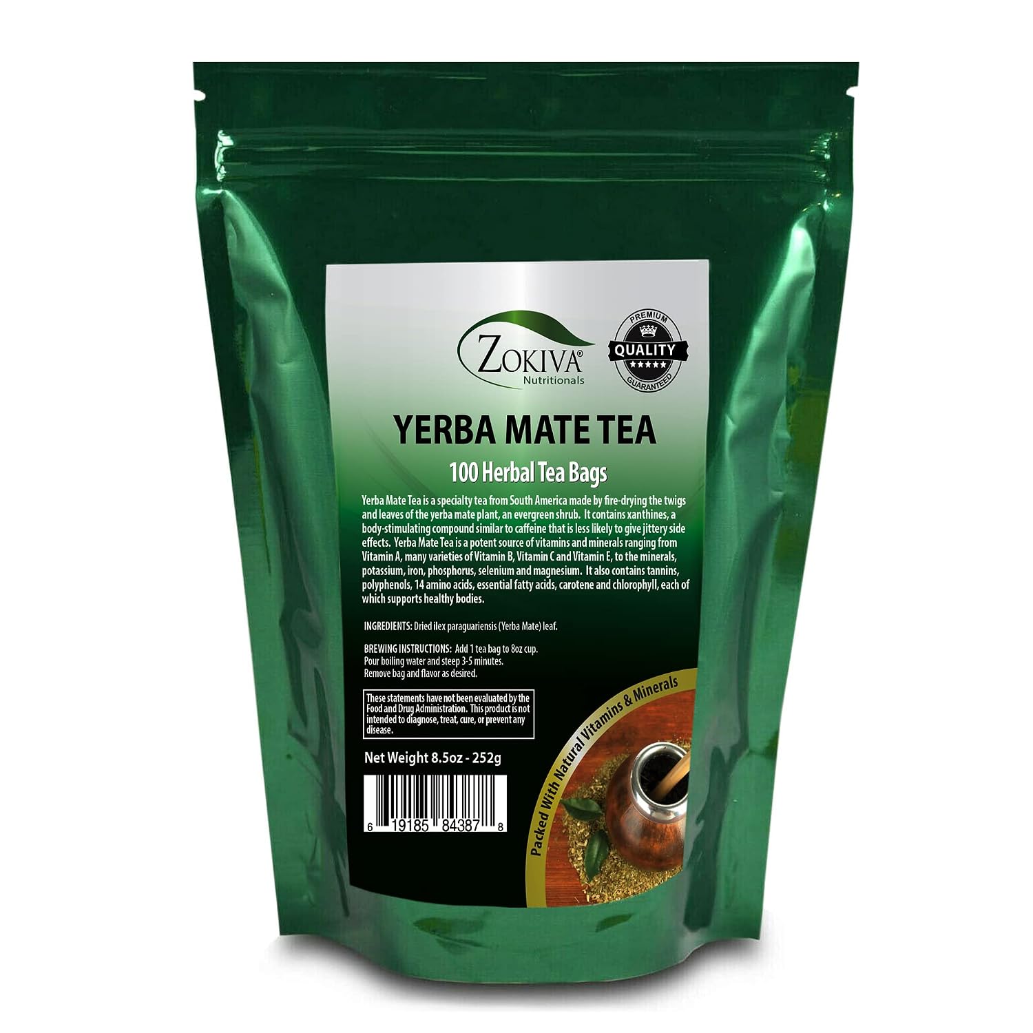 Yerba Mate Tea Mega Pack 100 Premium Tea Bags 100% Pure All-Natural Immune System Support Zokiva