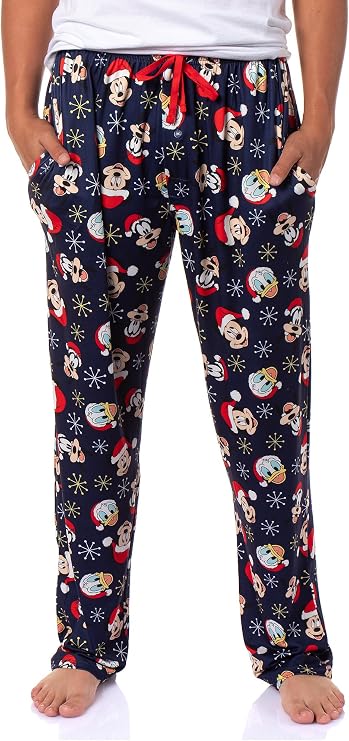 Disney Men's Mickey and Friends Santa Hat AOP Holiday Design Adult Lounge Sleep Pajama Pants with Elastic Waistband