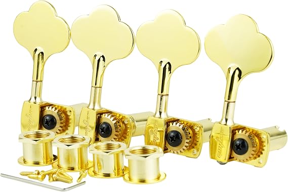 Guyker Bass Tuners (4 for Right) - 1:22 Ratio Gear Open Frame Bass Drop Locking Machine Head Tuning Key Pegs Replacement for Electric Jazz Guitar Bass or Precision Instruments, BB101 Gold