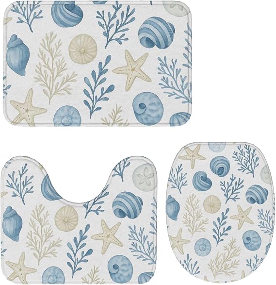Seashell, Starfish and Coral Bathroom Floor Mat 3 Piece Absorbent Washable Non Slip 24x16in