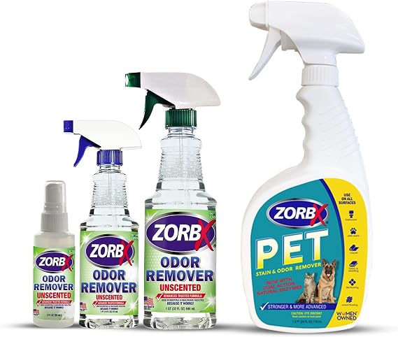 ZORBX Rapid Acting Odor Remover Bundle Includes Multipurpose Odor Remover Value Pack (2Oz +16Oz +32Oz) & Dual Action Pet Stain Remover & Odor Eliminator Spray (24 Oz)