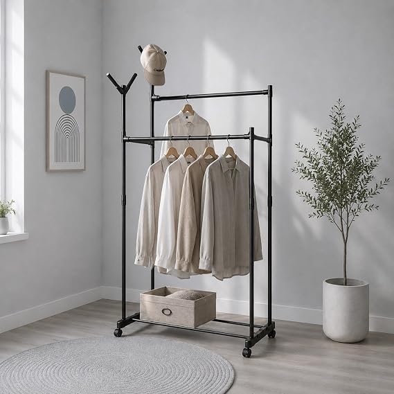 Double Garment Rack Adjustable Clothes Rail (Black-150)