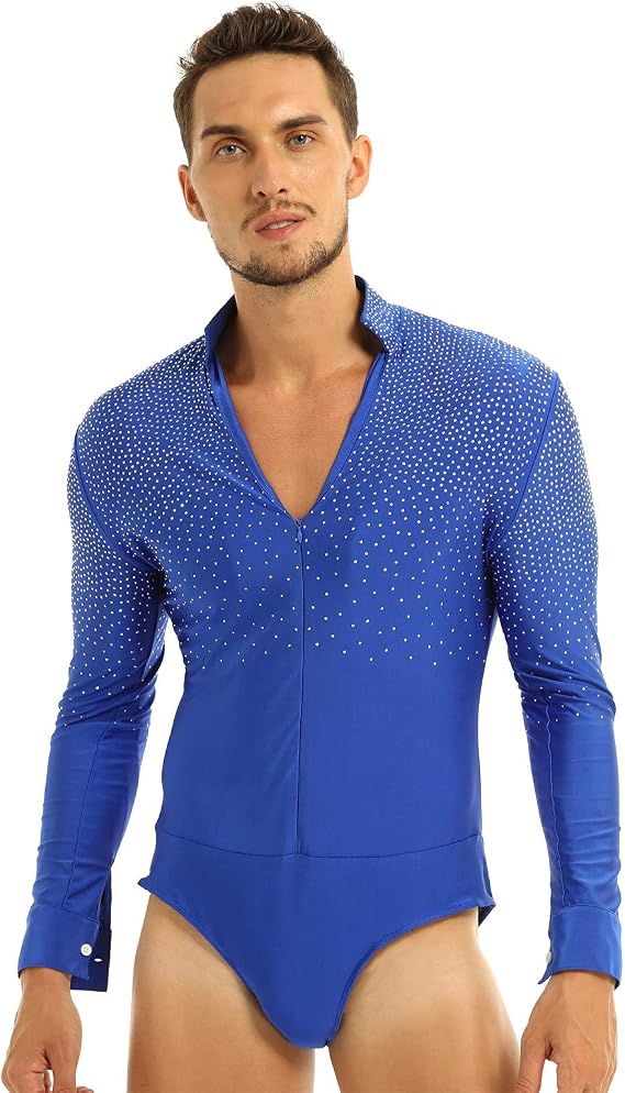 inlzdz Men's Shiny Rhinestones Latin Tango Dance Shirt Leotard Ballroom Dancing Costume Dancewear
