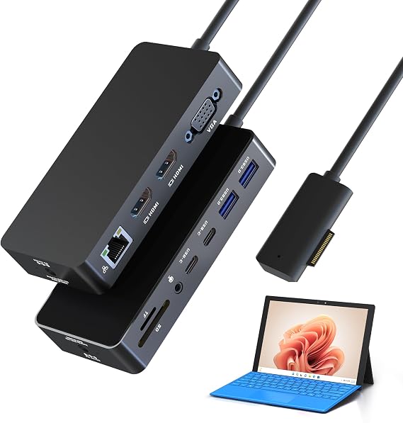 12-in-1 Surface Dock, Triple Display Support with 2 HDMI + VGA, Surface Docking Station for Surface Pro 3/4/5/6/7/8/9/10/11/X, Laptop 1/2/3/4/5/6/7, Laptop Go 1/2/3, Book 1/2/3