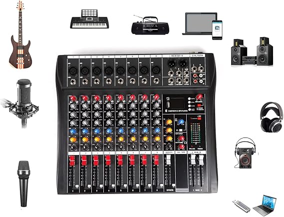 8 Channel Audio Mixer, Professional Audio Mixer Sound Board Console System Interface 8 Channel with MP3 Player+USB Bluetooth 48V Phantom Power Source Usb Power Stereo DJ Studio Streaming