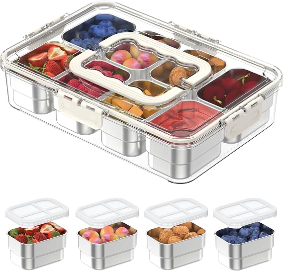 OGEMXU Snackle Box Container, Stainless Steel Snackle Box with Lid Handle | Divided 8 Separate Compartments, Portable Snack Platters Keeps Fruit, Veggies,Candy Sorted,Ideal for Travel Party Picnic