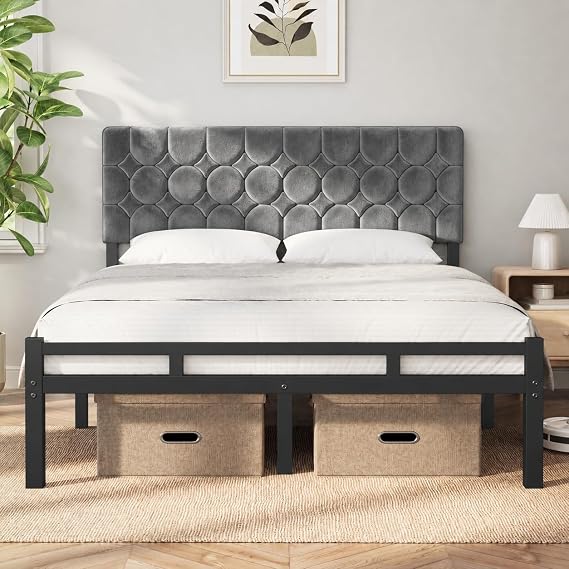KUTAS 4ft6 Double Bed Frame, 135 x 190 cm, with Adjustable Headboard, Upholstered Velvet Bed, Heavy Duty Metal Bed Frame with Storage, Noise Free, Easy Assembly, 500kg Capacity, Modern Grey