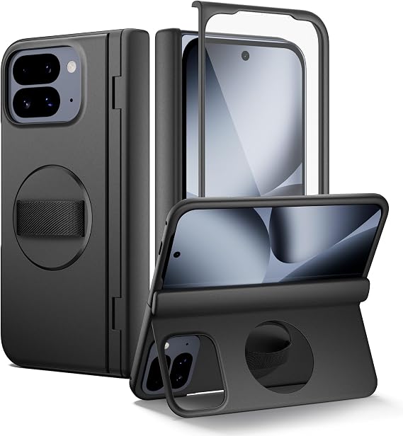 SURITCH for Google Pixel 10 Pro Fold Case with 360 Rotatable Hand Strap Phone Grip Holder & Invisible Kickstand & Screen Protector, Protective Cover for Pixel 10 Pro Fold -Black