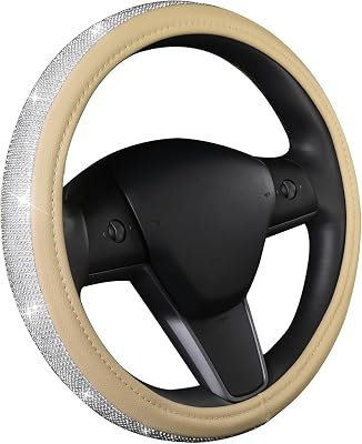 TOYOUN Bling Steering Wheel Cover for Women, PU Leather Car Steering Covers with Sparkling Crystal Rhinestones Universal Fit Wheel Glitter Car Accessories, Beige
