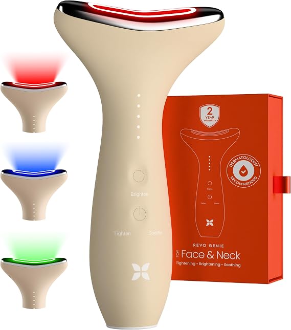 REVO Genie Facial Massager for Face and Neck, LED Beauty Device with Heat and Vibration, Depuffing Sculpting Tool with Red Blue Green Light Modes for Skincare Routine