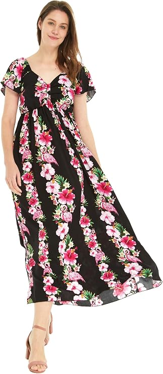 Women's Hawaiian Maxi Ruffle Sleeve Dress in Hibiscus Vine