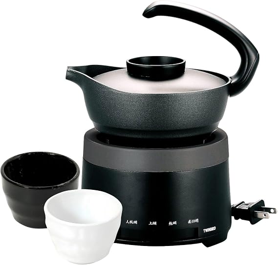 TWINBIRD Sake Warmer, Black TW-D418B & White/Black Ochoko Set | Japanese Sake, Hot Sake, Compatible up to About 300 ml, Heat Retention, Electric, Temperature Control, Tabletop