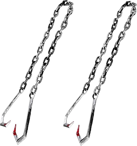 2 Pack Halloween Chains Plastic Fake Butcher Hook Halloween Plastic Chain with Chain Weapons for Halloween Horror Prop Decor Cosplay