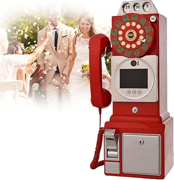 Antique Retro Telephone Booth Decor, Wall Mounted Rotary Dial Landline Phone Booth Model, 3.5 Inch Screen Vintage Classic Phone Props Resin Crafts Decoration for Home Cafe Bar Ornaments,64G-Red