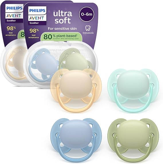 Philips Avent Ultra Soft Soothers - Orthodontic Design, for Babies 0-6 Months, Flexible Shield, Silicone Symmetrical Teat, BPA-Free, 2 Sterilizing Cases, 4 Pack, SCF091/50