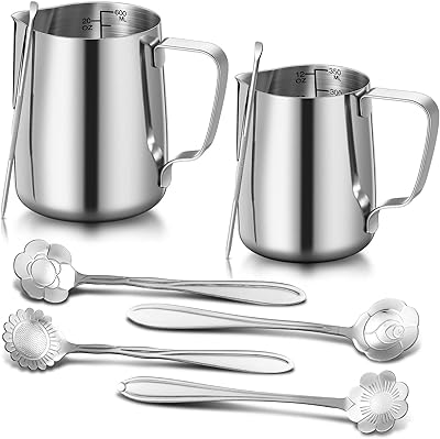 Irenare 2 Pcs Milk Frothing Pitcher 12 Oz and 20 Oz Stainless Steel Milk Frother Cup with 4 Floral Dessert Coffee Spoons 2 Decorating Art Pens Espresso Accessories Set for Kitchen Cafe BarSilver
