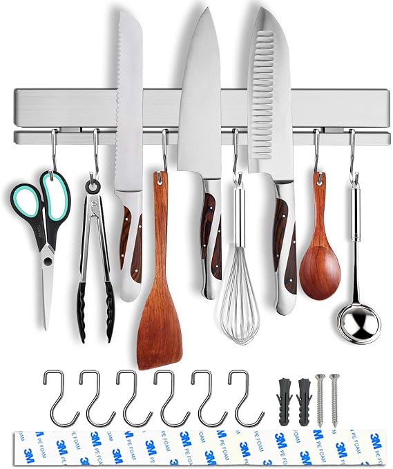 12 Inch Magnetic Knife Holder for Wall, 6 Hooks, No Drill