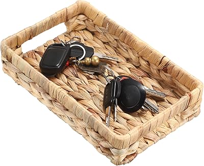 Hipiwe Small Keys Basket for Entryway Table Decorative Wicker Basket Tray Woven Organizer Baskets Water Hyacinth Snacks Fruit Serving Trays for Keys Wallet Cell Phone Candy Organizing, 9.8x6.3