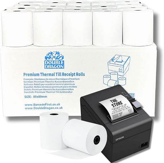 Double Dragon 80 x 80 mm Premium Thermal Paper Till Rolls for EPOS Printer POS Terminal POS System [Pack of 20]