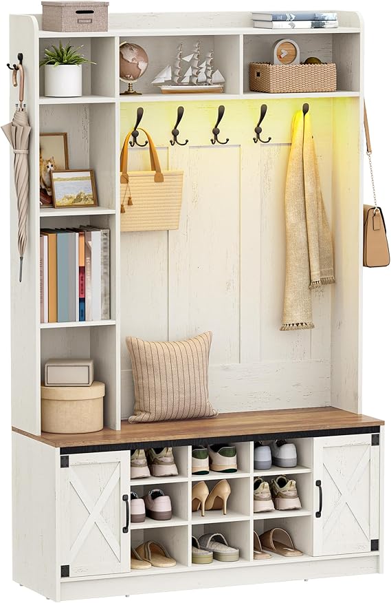 Hzuaneri 47.2" Hall Tree with Bench and Storage, Wood Entryway Coat Rack