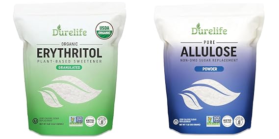 Durelife USDA organic erythritol sweetener 5 LB and Durelife Allulose sweetener, 1 lb 100% Pure No Erythritol