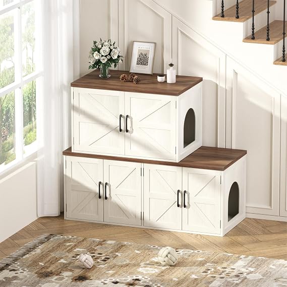 Halitaa Litter Box Enclosure Set, Stackable Hidden Litter Box Furniture for Multi Cats, Large Litterbox Cabinet with Barn Doors, Indoor Cat House for Living Room, Washroom, Entryway Bench, White