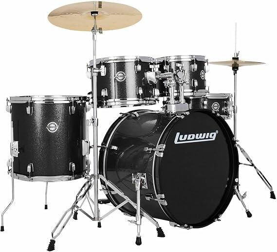 Ludwig Accent Drive Series LC19511 Complete 5-Piece Drum Set Package with Cymbals, Hardware, Drum Throne, Chain-drive Pedal and Sticks, Black Sparkle