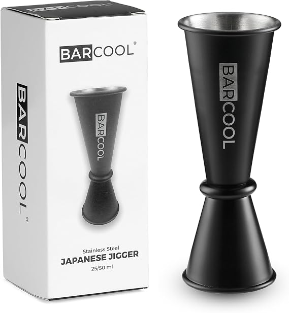 Barcool Bartenders Professional Cocktail Spirit Measure | Dual Sided Cup | Japanese Style Jigger 50ml / 25ml Shot | Blackened Stainless Steel (Black)