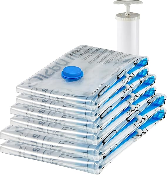 Amazon Basics Multiple Vacuum Compression Zipper Storage Bags with Hand Pump, 6-Pack (2 Jumbo, 2 Large, 2 Medium), Transparent