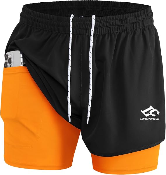 Men's Running Shorts 2 in 1 Shorts Gym Athletic Shorts Outdoor Marathon Workout Training Shorts with Built-in Pockets
