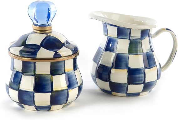 MACKENZIE-CHILDS Enamel Creamer and Sugar-Bowl Set, Cream Dispenser and Sugar Holder, Unique Kitchen Decor, Blue-and-White Royal Check