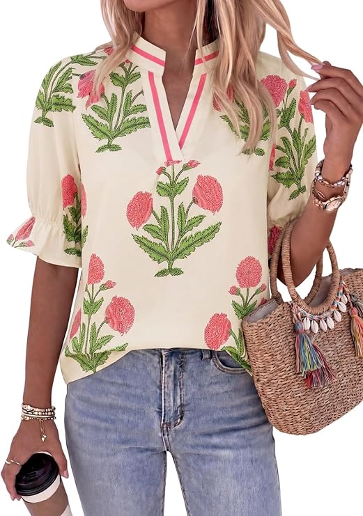 Cicy Bell Womens Summer Floral Blouses Puff Ruffle Sleeve Shirts Boho Tops
