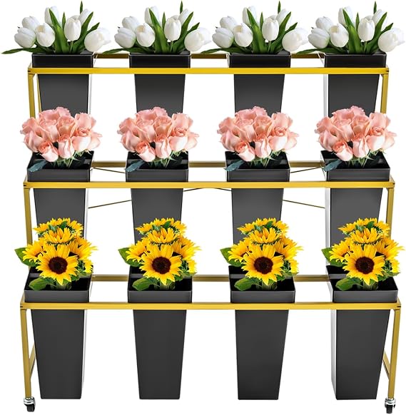 3 Layers Flower Display Stand, Metal Plant Stand with 12PCS Buckets Movable Planting Holder Flower Cart Display Stand Plant Cart Shelf for Indoor, Living Room, Florist (Style B Square Bucket)