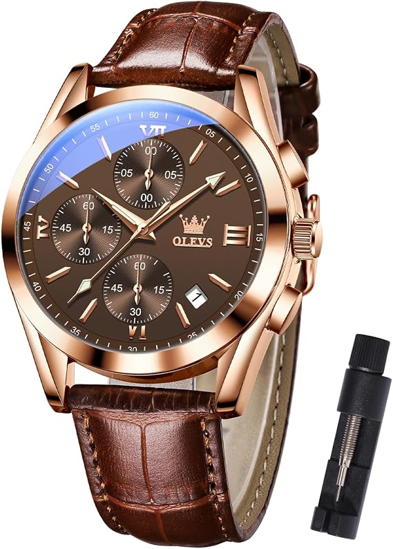 OLEVS Men's Waterproof Chronograph Watch Leather Strap Quartz Wristwatch Multi-Function Dial with Date Luminous Business Watches for Men