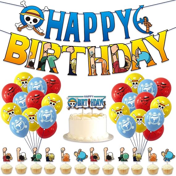 One Piece Birthday Party Supplies,Set Includes Happy Birthday Banner - Cake&Cupcake Toppers,30 Latex balloons for Kids ONE PIECE Theme Birthday Party Decoration