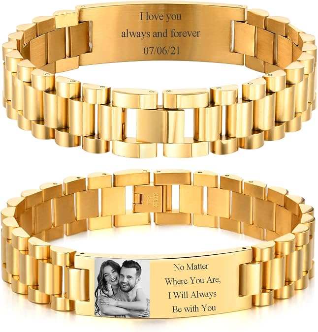 Personalized Picture Bracelet for Men - Free Engraved Customized Photo Bracelets,Hypoallergenic Stainless Steel Adjustable Wristband,Custom Engraving Photo/Text/Name Bracelet Jewelry Gift for Him