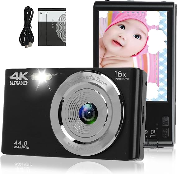 4K Digital Camera 16X Digital Zoom 44MP Vlog Camera 2.8 Screen Built-in Fill Light Support USB Data Transfer Anti-Shake (Black LR063682)