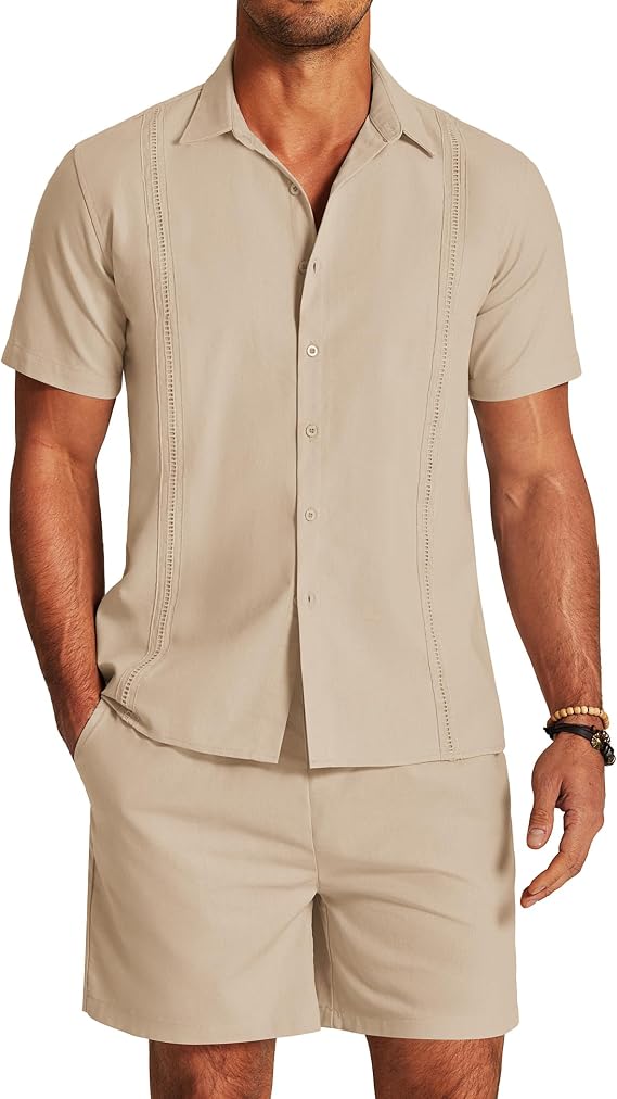 COOFANDY Mens Linen Matching Shirt and Short Set Cotton Button Up Short Sleeve Suit Apricot