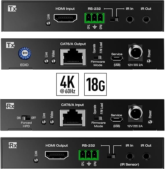 KD-X444SP: HDMI Over 50m CAT6 Extender Set with 4K 18Gbps Bandwidth, HDR, HDCP 2.2, HDR, extends 4K 18Gbps and 1080p HDMI Signals up to 164ft / 50m