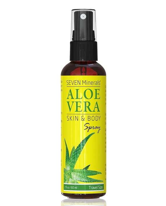 Seven Minerals Travel Size Aloe Vera Spray with Pure Aloe From Freshly Cut Organic Aloe Plant, Not Powder - No Xanthan,So It Absorbs Rapidly With No Sticky Residue (2 fl oz)