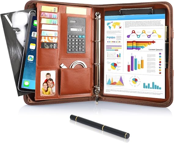 A4 Writing Case Conference Folder Leather Document Folder with Zip Waterproof Briefcase with Ring Binder Clipboard Notepad Portfolio Padfolio Folder for Business Meeting Brown