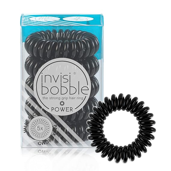 invisibobble Power Traceless Spiral Hair Ties - 5 Pack - True Black - Strong Elastic Grip Coil Hair Accessories for Active Women - No Kink, Non Soaking - Gentle for Girls Teens and Thick Hair