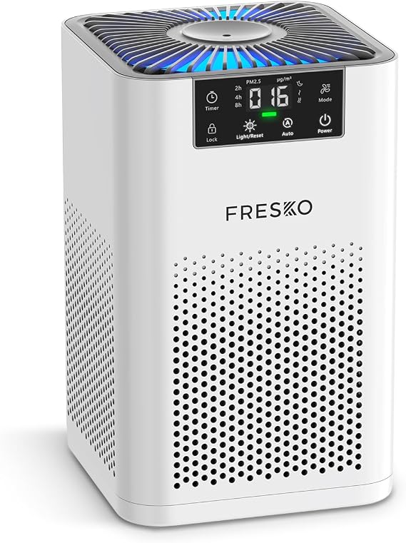 FRESKO Small Air Purifier Real-Time PM2.5 Display&22dB Quiet Air Cleaner | Small Air Purifier for Pet Hair, Odors, 360Airflow Quiet Air Cleaner with Aromatherapy for Bedroom & Office, White