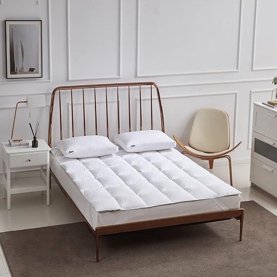 Beautyrest White Feather Down Mattress Pad Queen Size - 233 Thread Count Tencel/Cotton Blend Featherbed Cover with Elasticized Anchor Bands Mattress Pad