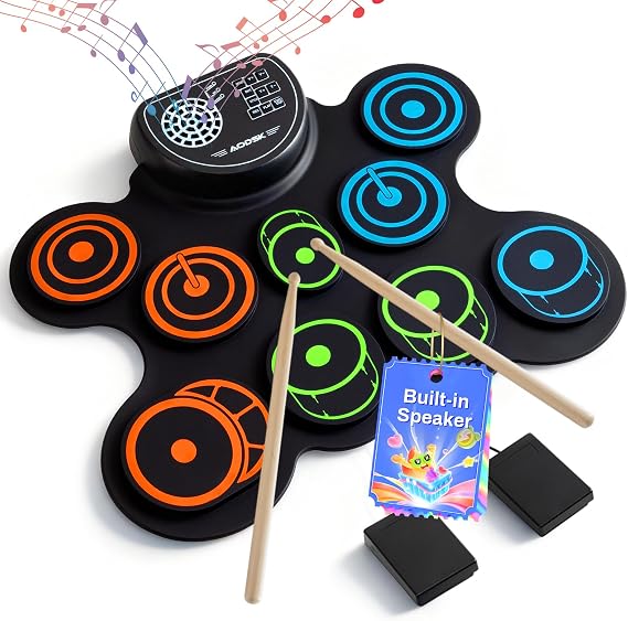 AODSK Electric Drum Set Built-in Speaker, Drum Pad and Sticks, Portable Roll Up Drums Practice Pad, Great Holiday gifts