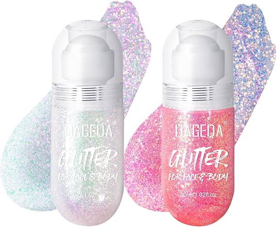 DAGEDA 2Pcs Roll-on Body Glitter Gel for Hair Face,Sparkling Glitter Makeup